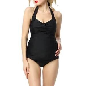 Kimi & Kai Halter Maternity Ruched Bodice One Piece Swimsuit Black Women M NWOT